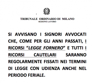 Avviso per i ricorsi cautelari e d’urgenza pervenutoci dalla Cancelleria della Sezione Lavoro del Tribunale Ordinario di Milano