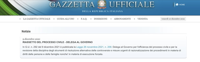 LEGGE DELEGA SUL PROCESSO CIVILE. Il testo in Gazzetta Ufficiale