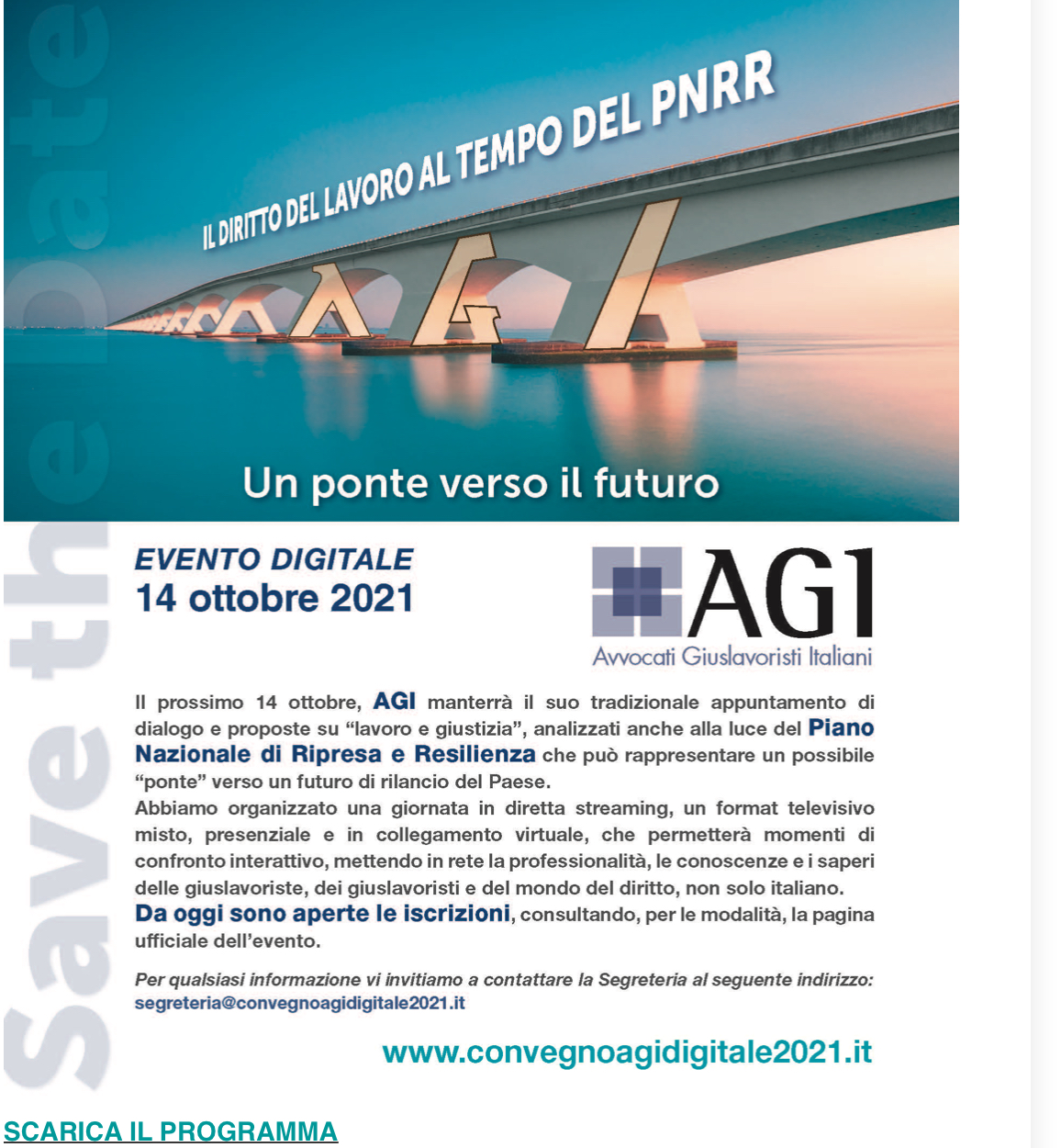 IL DIRITTO DEL LAVORO AL TEMPO DEL PNRR. Evento nazionale AGI il prossimo 14 ottobre 