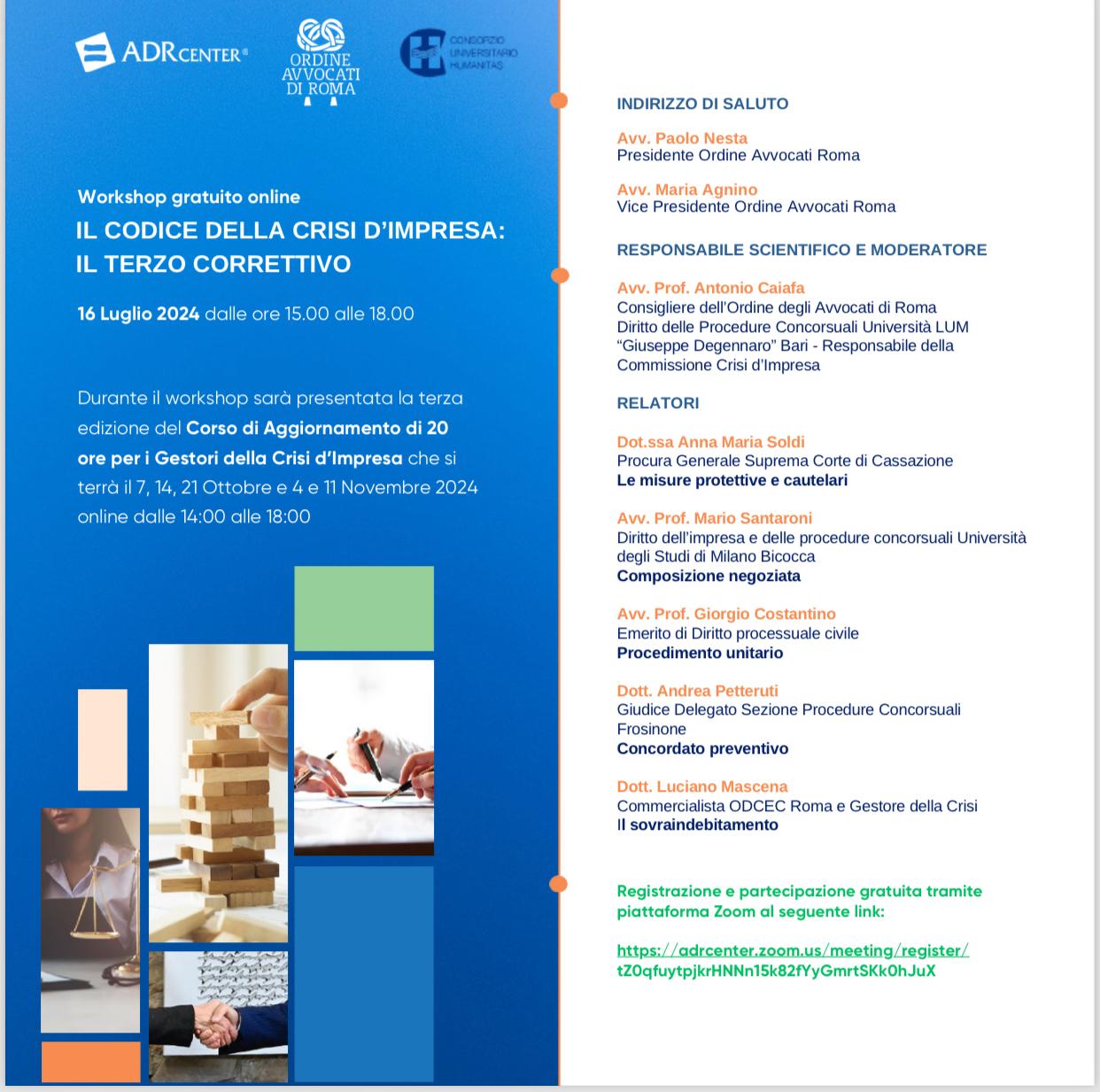 Workshop gratuito online "IL CODICE DELLA CRISI D'IMPRESA: IL TERZO CORRETTIVO"