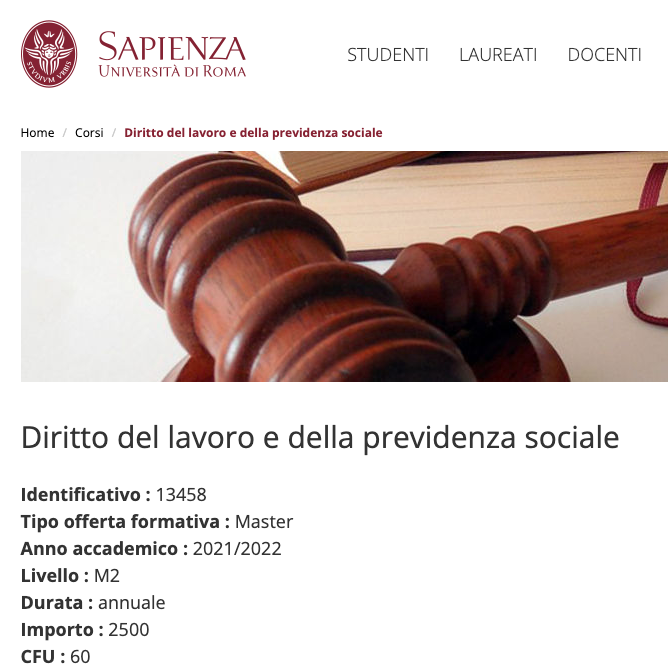 Master "Diritto del lavoro e della previdenza sociale", La Sapienza